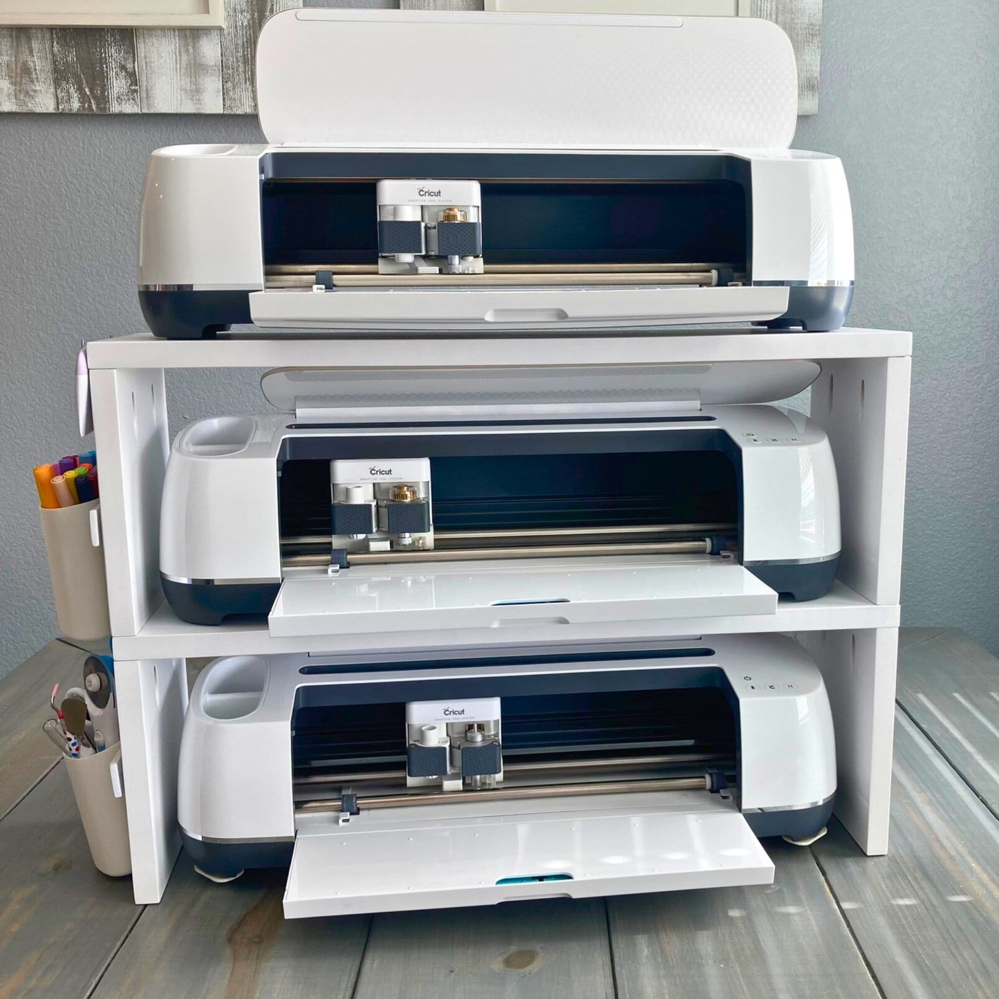 Double Stand for Cricut Maker and Explore Air Machines, Organizer Shelf, Craft Room Workstation, Pine Wood Table Riser for Silhouette Cameo