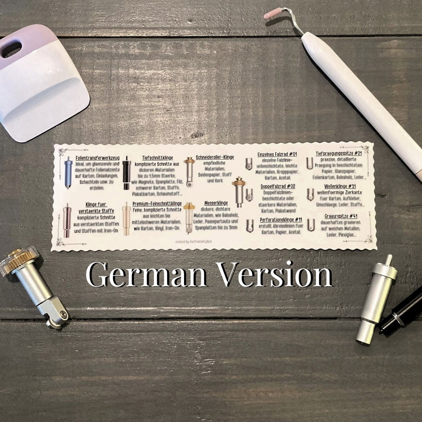 GERMAN Sticker Cheat Sheet for Cricut Tools and Blades, Beginners Guide Lid Organizer Maker Explore Air, Tray Decal Material Description