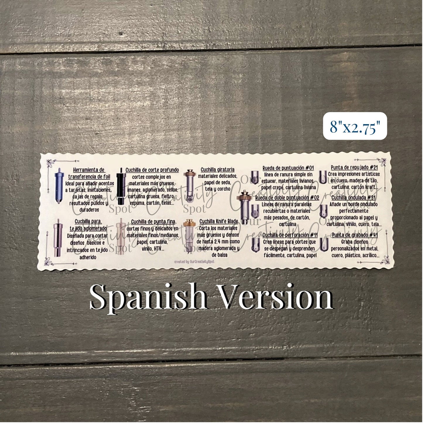 SPANISH Sticker Cheat Sheet for Cricut Tools and Blades, Beginners Guide Lid Organizer Maker 3 Explore Air 2 3, Decal Material Description