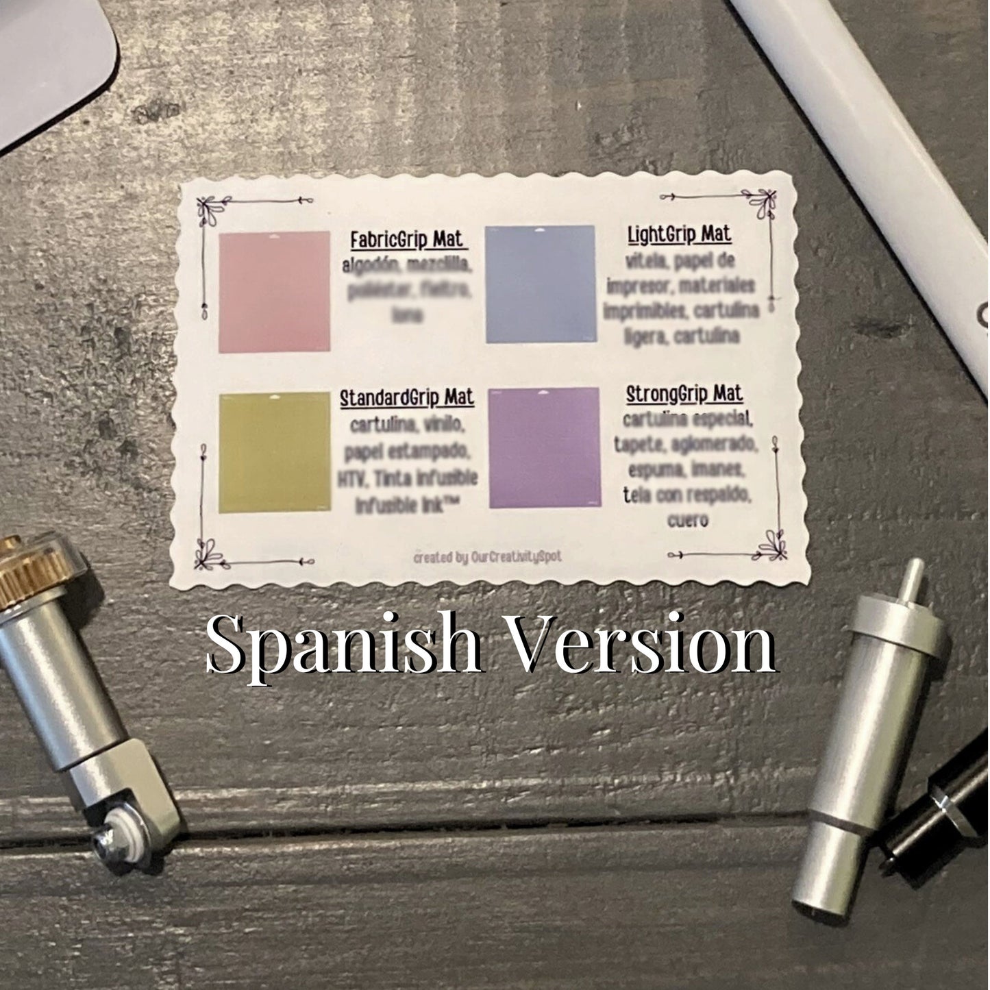 SPANISH Sticker Cheat Sheet for Cricut Mats, Beginners Guide Lid Organizer Maker 3 Explore Air 2 3, Decal Material Description