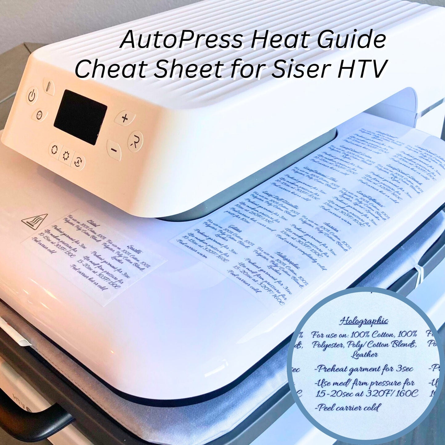 Auto Press Heat Guide Cheat Sheet Sticker for Siser HTV, Beginners Guide Temperature Settings, Material Iron on Time Description