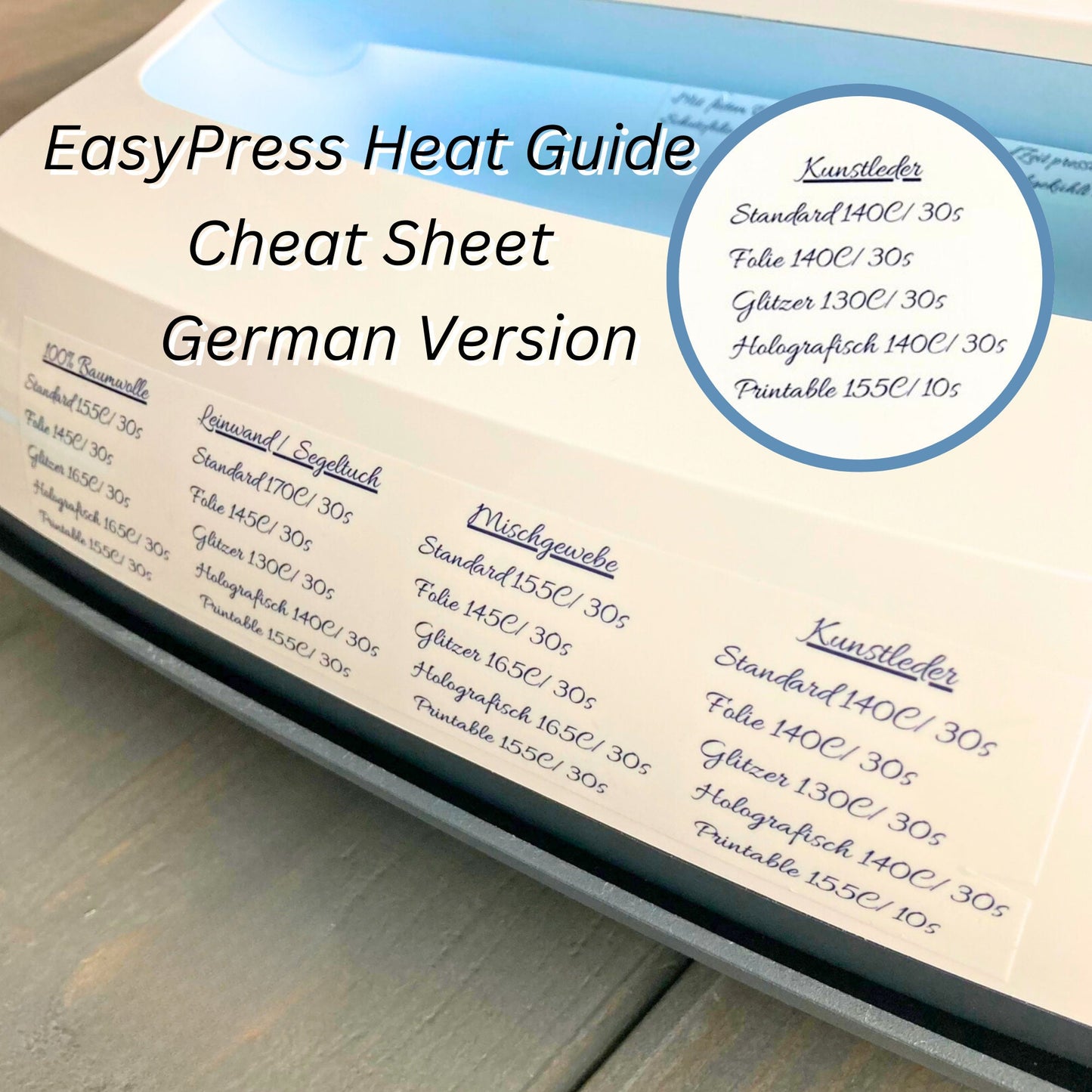 GERMAN Easy Press Heat Guide Cheat Sheet Sticker, Beginners Guide for Cricut Temperature Settings, Material Iron on HTV Time Description