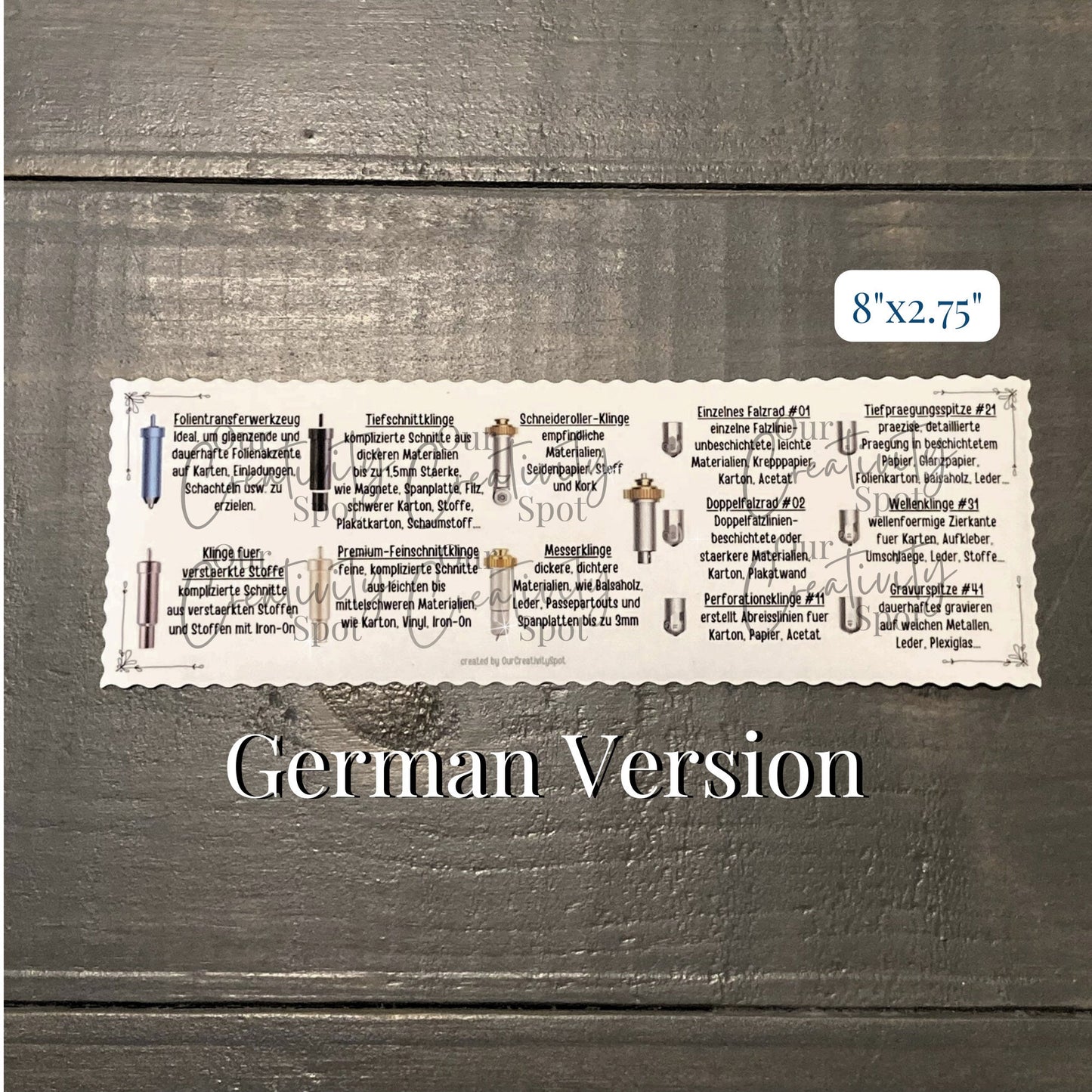 GERMAN Sticker Cheat Sheet for Cricut Tools and Blades, Beginners Guide Lid Organizer Maker Explore Air, Tray Decal Material Description
