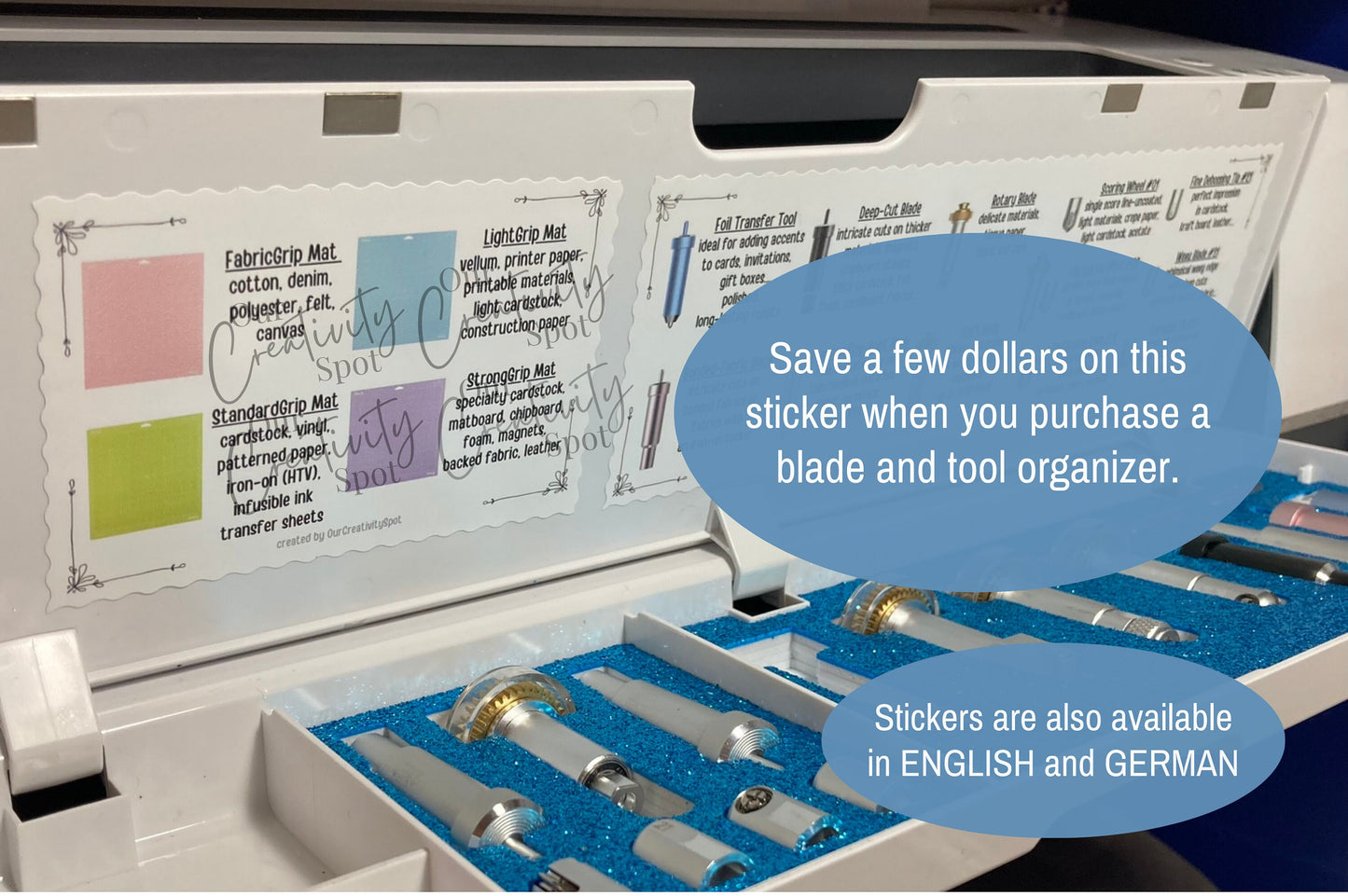 SPANISH Sticker Cheat Sheet for Cricut Mats, Beginners Guide Lid Organizer Maker 3 Explore Air 2 3, Decal Material Description
