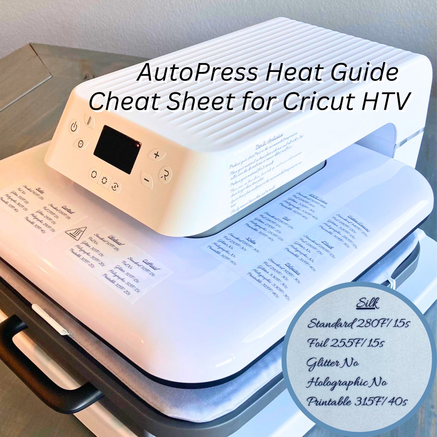 Auto Press Heat Guide Cheat Sheet Sticker, Beginners Guide for Cricut Temperature Settings, Material Iron on HTV Time Description